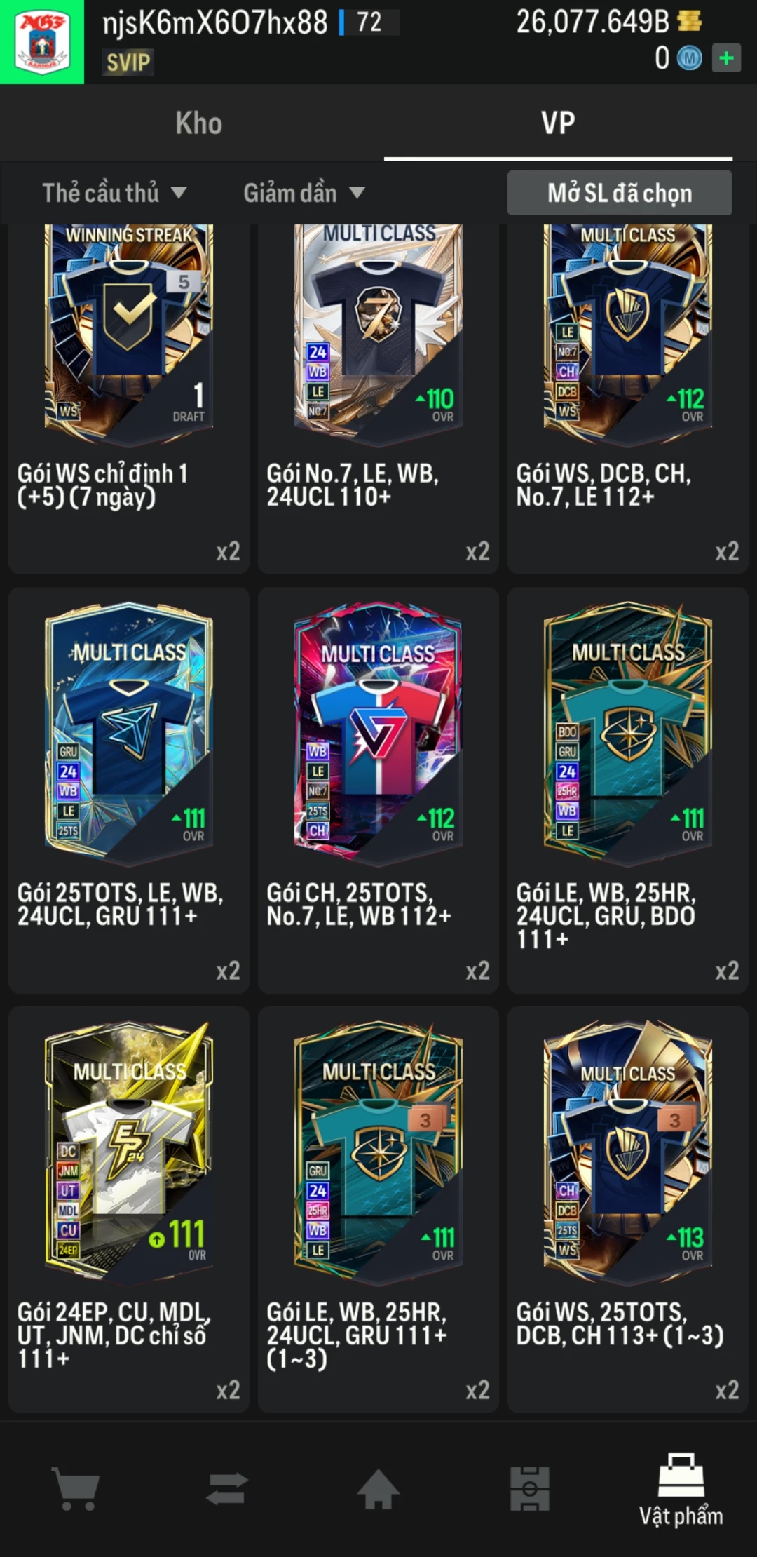 Ảnh ACC mở thẻ (LOẠI SVIP) bao gồm 1 gói thẻ +12 và 500+ đến 600+ thẻ cầu thủ từ Siêu sao đến Miền núi các loại. Có sẵn BP trắng trong acc từ 18.000 tỷ BP đến 26.000 tỷ BP, kèm theo nhiều ngày SVIP